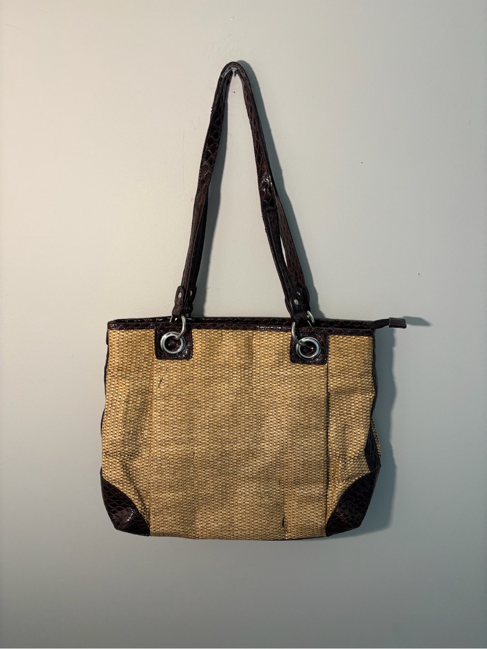 B. Makowsky Woven Straw & Brown Leather Tote Bag - Picture 2 of 3